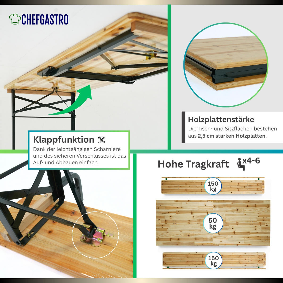 BIERZELTGARNITUR mit Lehne mittig klappbar 170 cm - Schwarz/Naturfarben, Holz/Metall - CHEFGASTRO
