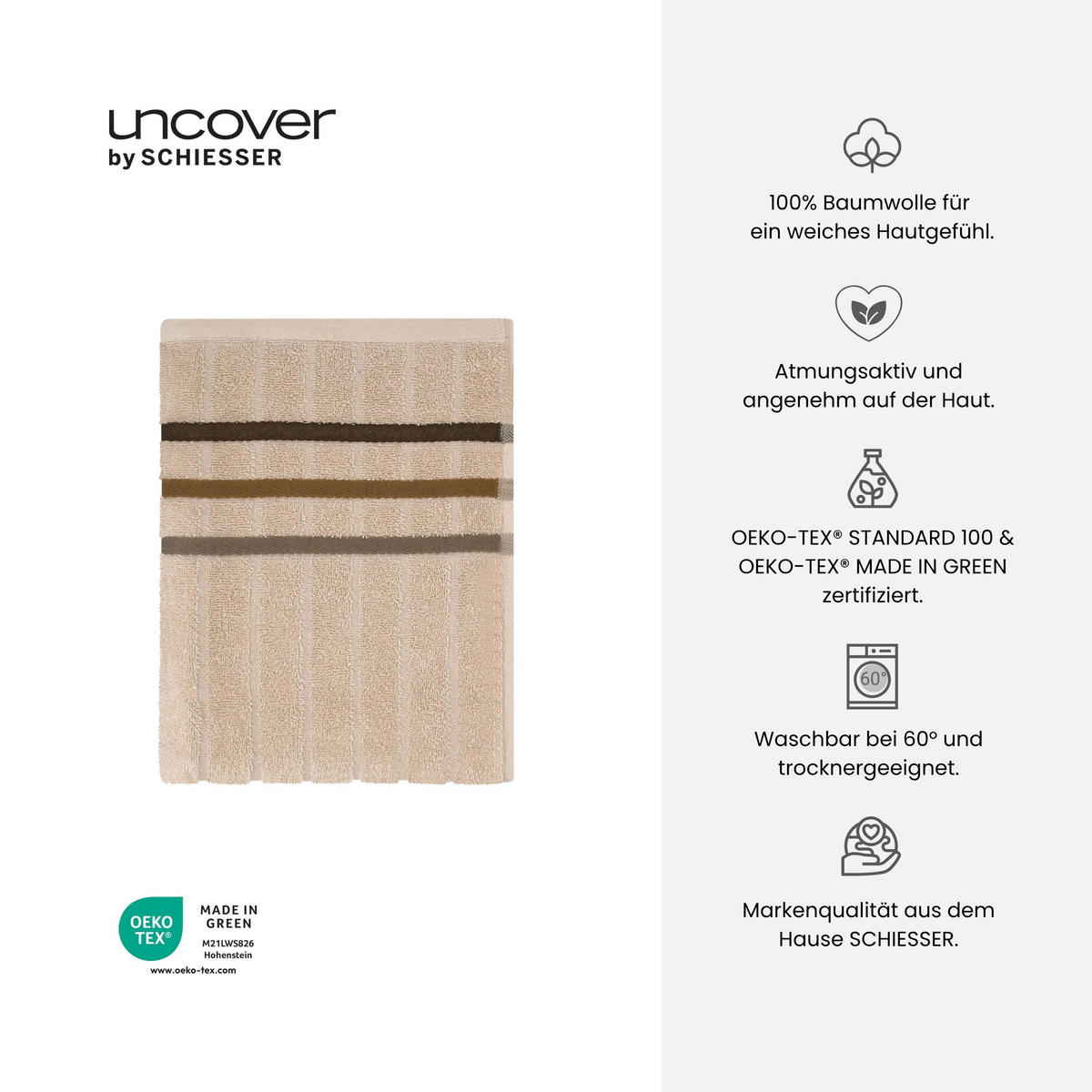 HANDTUCHSET Ohio - 4-teilig - 50 x 100 cm - Sand - Sandfarben, Textil (50/100cm) - Uncover by Schiesser