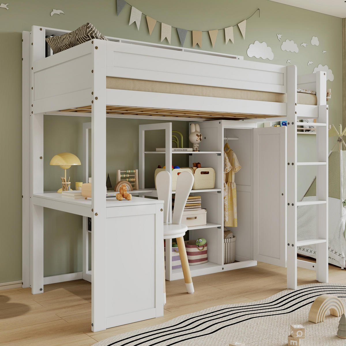 ETAGENBETT 90/200 cm in Weiß mit Regal, Tisch und Kleiderschrank - Weiß, Holz/Holzwerkstoff (90/200cm) - WISHDOR