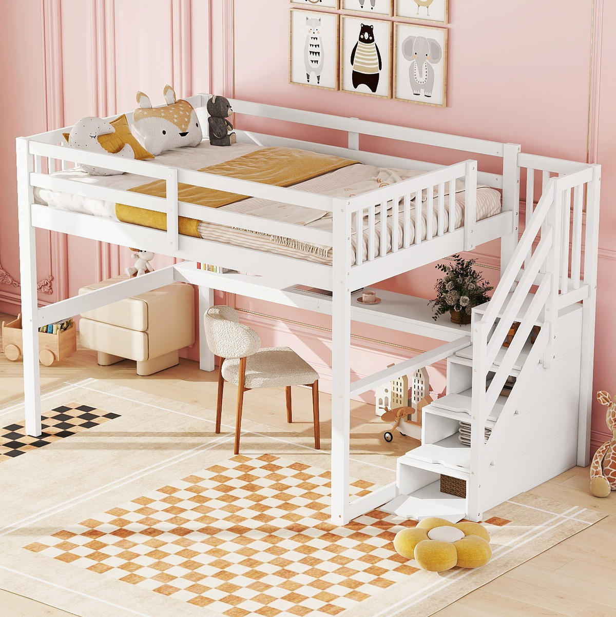 HOCHBETT 140/200 cm mit Stauraumschubladen, Schreibtisch und Regal aus Kiefer , Weiß - Weiß, Holzwerkstoff (140/200cm) - Redom