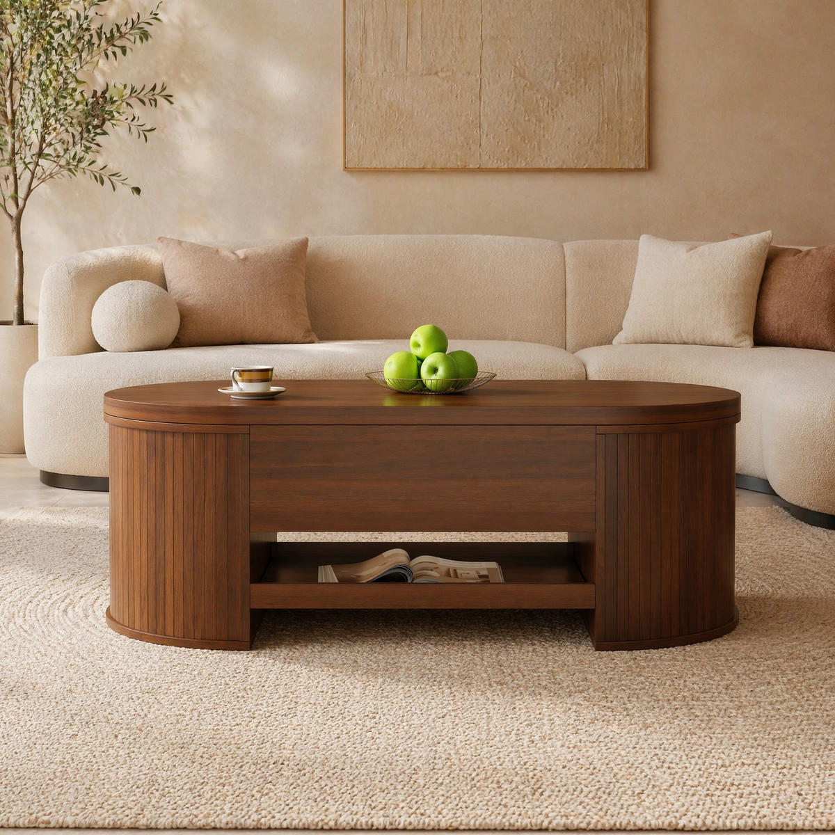 COUCHTISCH in Walnuss 110/55,5/40 cm aus MDF mit Hubplatte, verstecktem Stauraum und ausziehbarer Ablage - Nussbaumfarben, Holzwerkstoff/Metall (55.5/110/55cm) - CHICFURN
