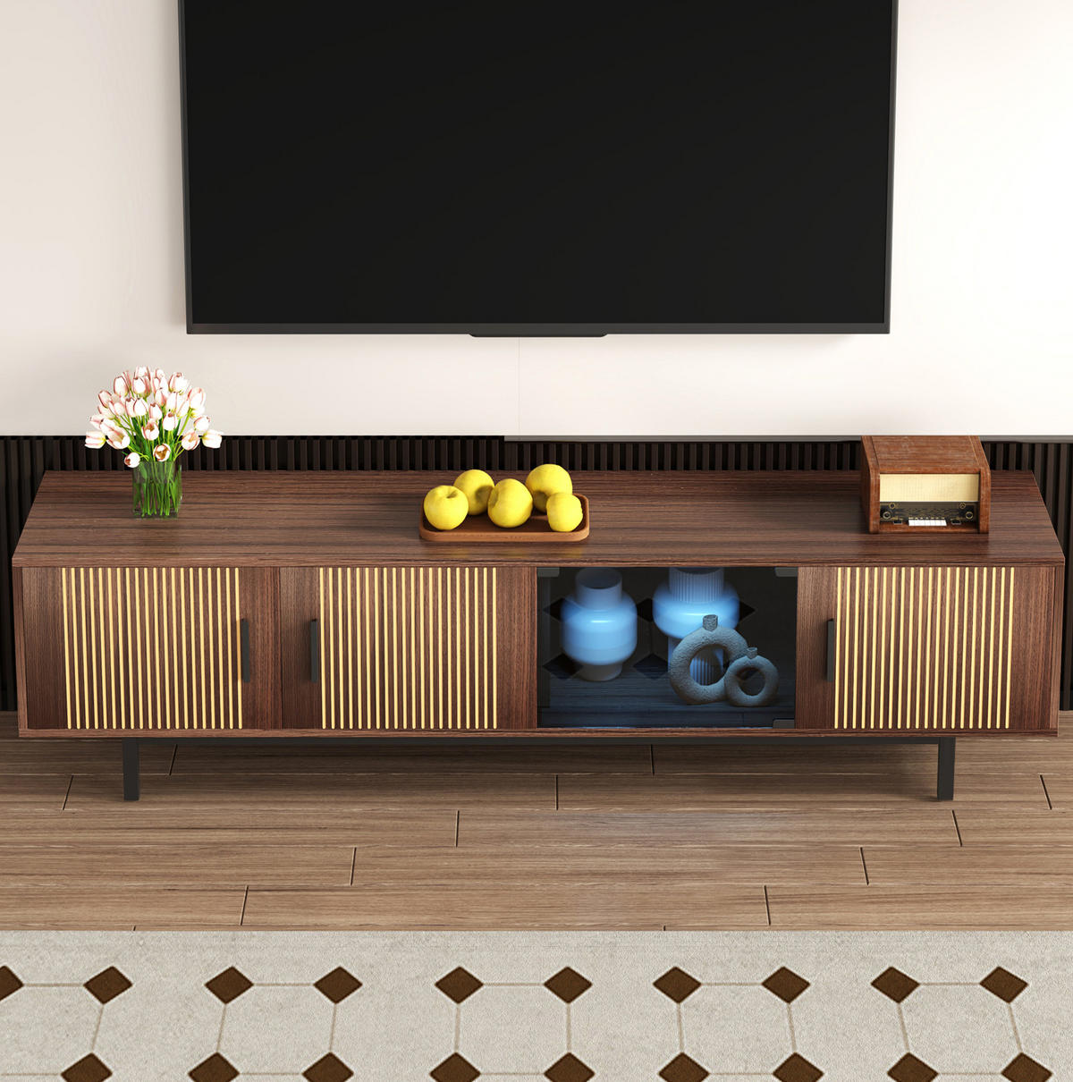 TV-SCHRANK in Schwarz und Walnussbraun mit LED-Leiste 200/35/53 cm - Walnussfarben, Holzwerkstoff (200/53/35cm) - Redom