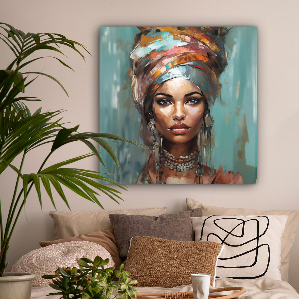 LEINWANDBILD Frau - Kunst - Schmuck - Porträt 90x90 cm - Blaugrau, Textil (90/90cm) - MuchoWow