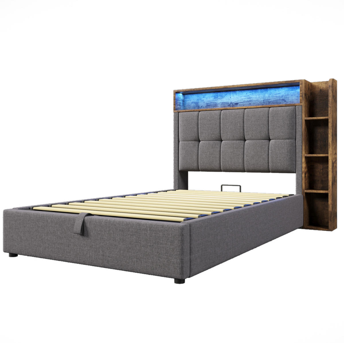 POLSTERBETT mit Stauraum, USB und LED 90x200 cm Leinen Grau - Grau, Metall (90/200cm) - Meubliv