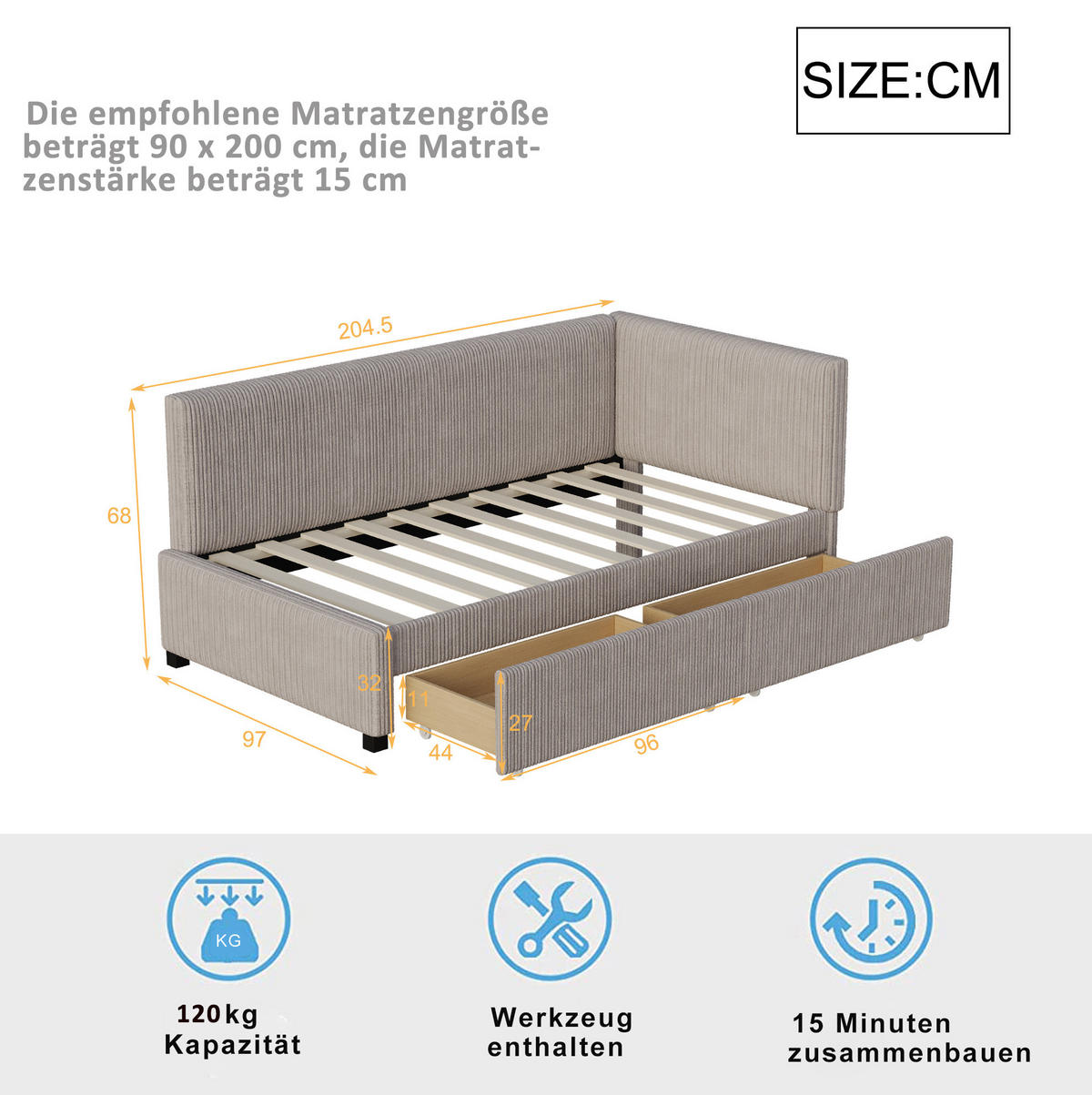 ČALÚNENÁ posteľ z látky 90x200 cm sivá s 2 zásuvkami, lamelovým roštom a zameniteľnou opierkou - sivá, koža (90/200cm) - Modfu