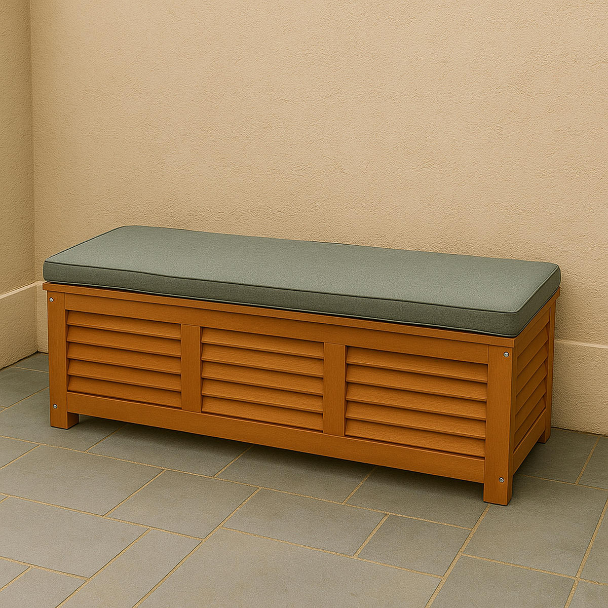 KISSENBOX Cardiff aus Eukalyptusholz, mit Sitzpolster 5cm grau, 128x42x43 cm - Braun, Holz (128/43/42cm) - TPFGarden
