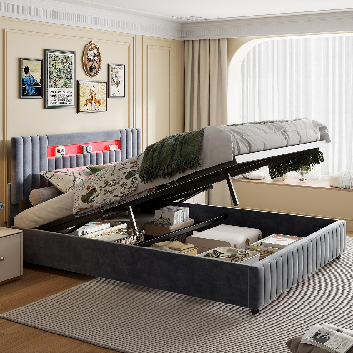 POLSTERBETT 160x200 cm, Grau, LED-Beleuchtung - Grau, Textil/Metall (160/200cm)