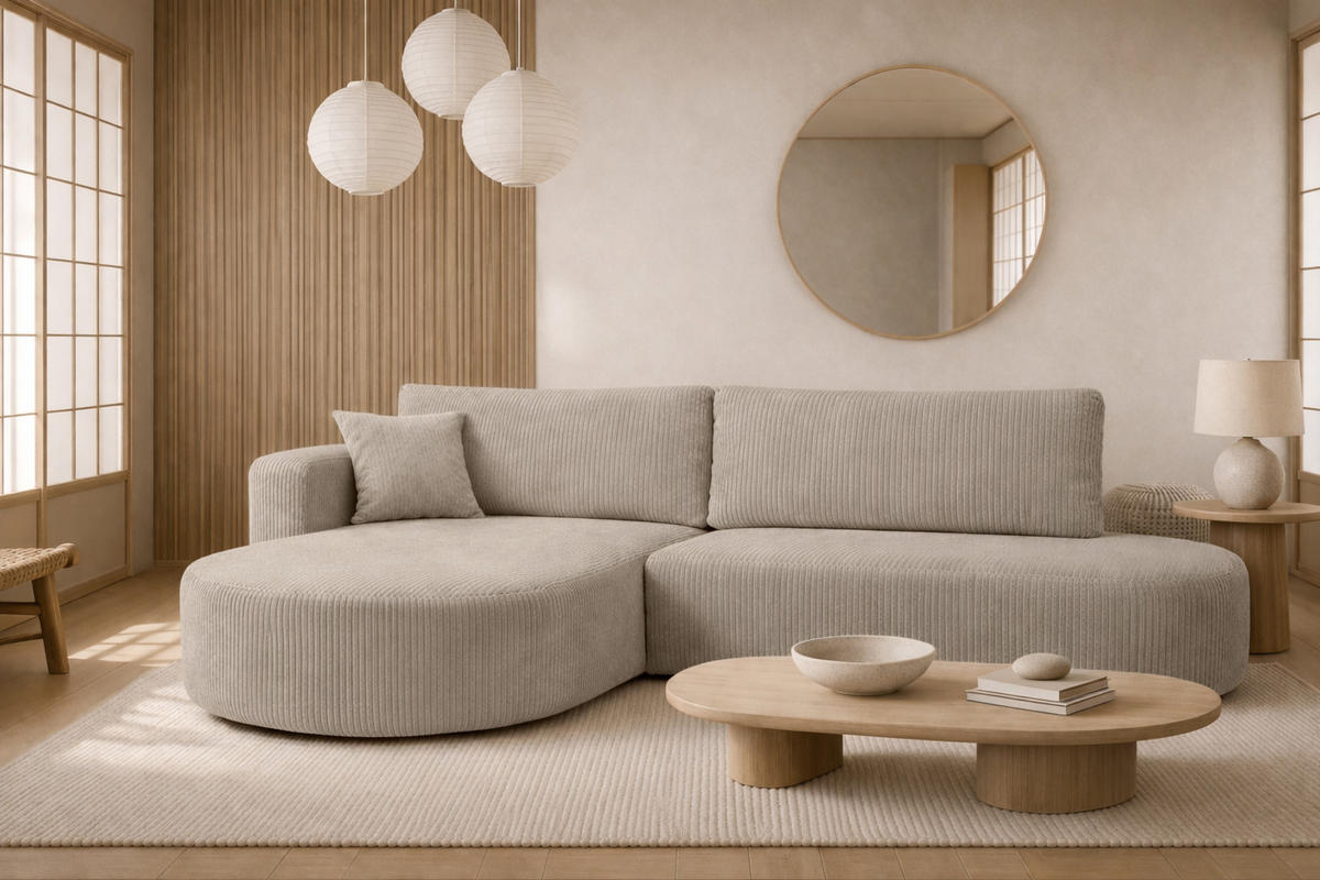 ECKSOFA Mit Schlaffunktion Und Bettkasten, Cordstoff Poso, Dunkelbeige, Links, ROUND ONE OPEN XL - Beige, Holz (262/175cm) - Kaiser Möbel