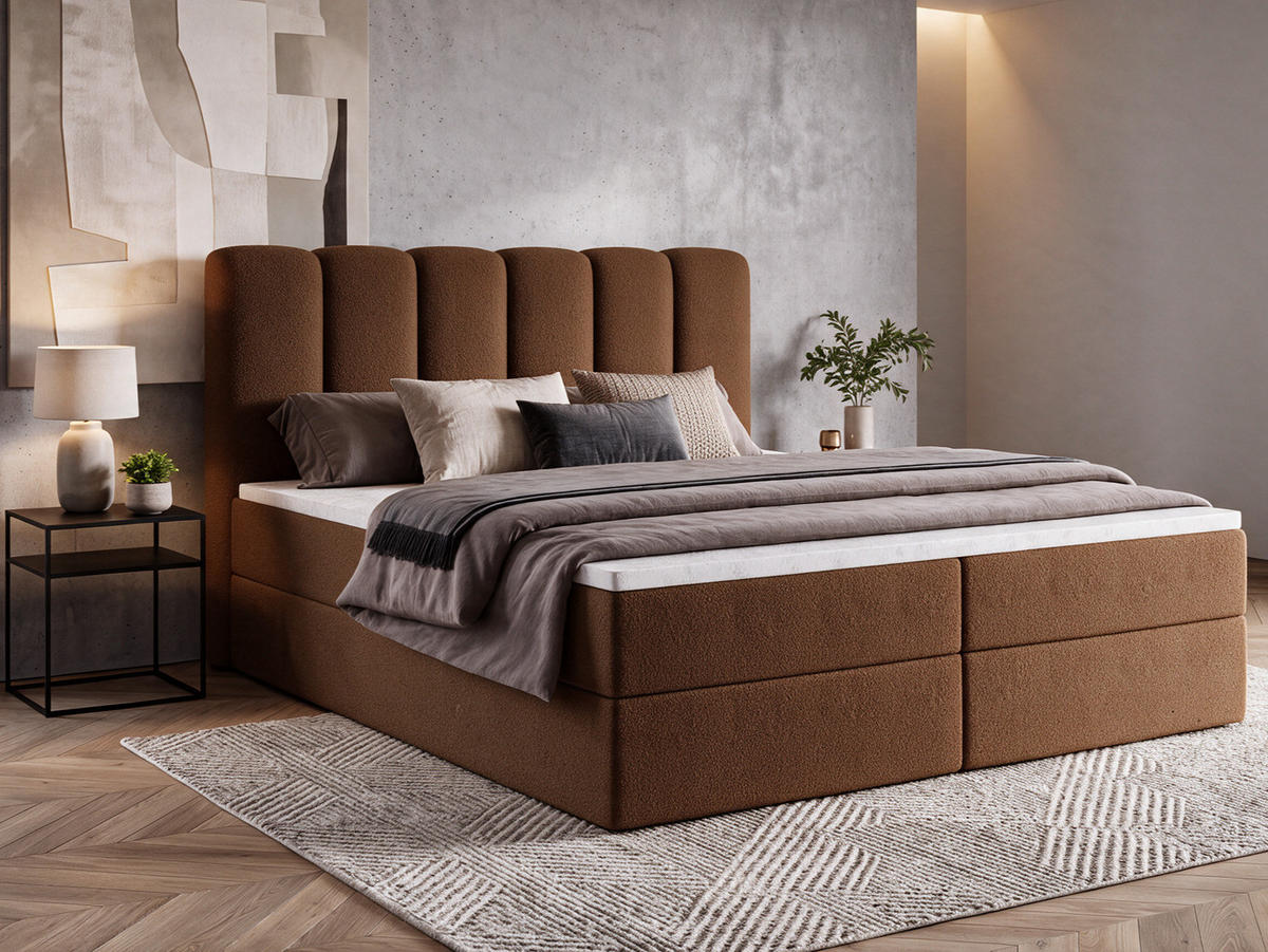 BOXBET NOLARO 160x200 cm Komplett-Set mit Bettkasten, Bonell-Matratze und Topper, Bouclé Braun - Braun, Textil (160/200cm) - Luxkor24