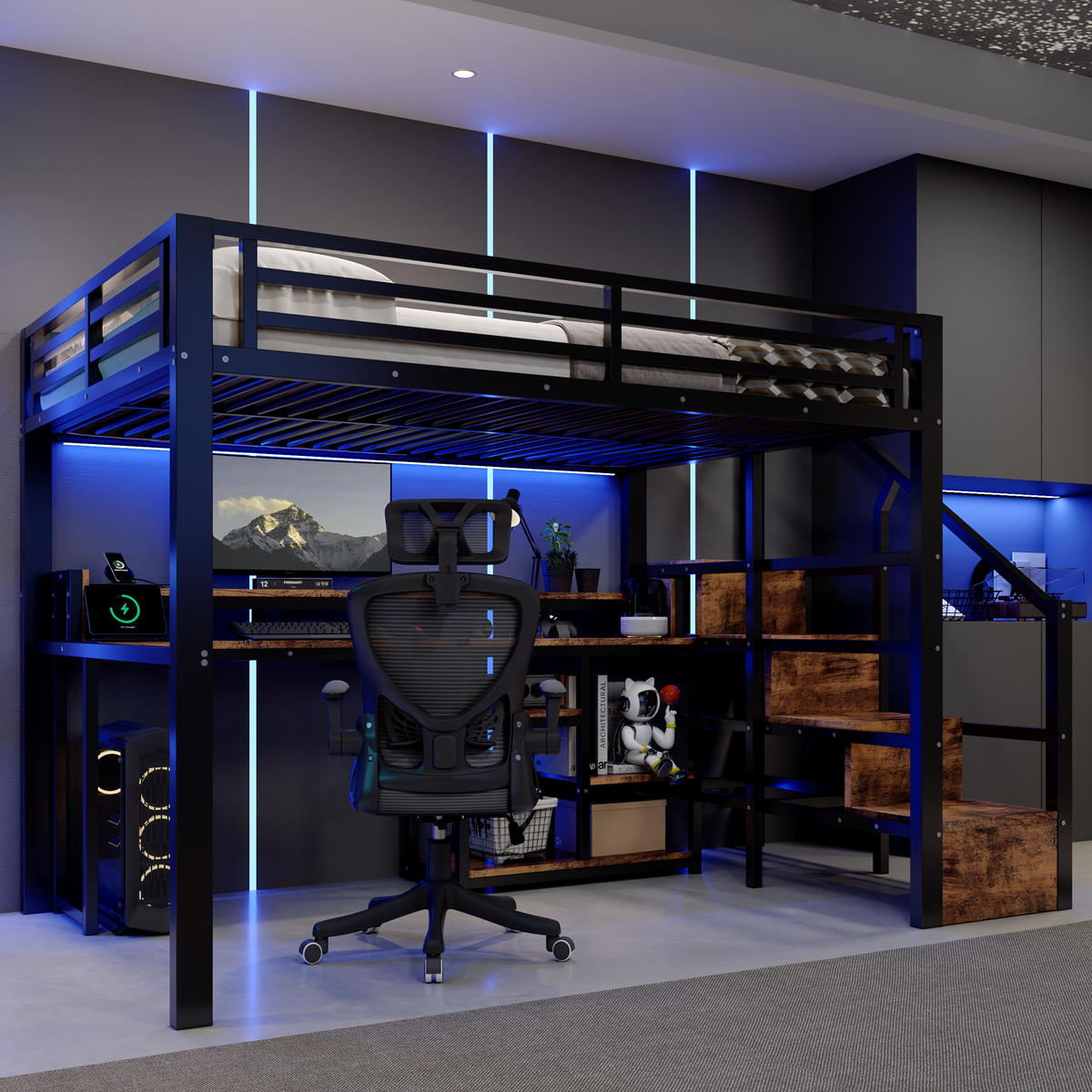 HOCHBETT 140/200 cm mit Leiterschrank und LED, DE-41996, in Schwarz - Schwarz, Metall (140/200cm) - ComfortXL