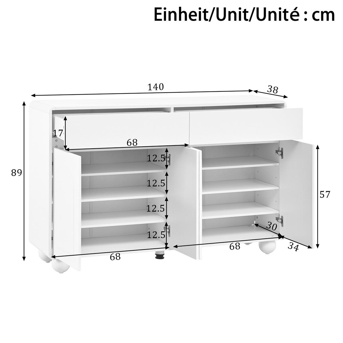 SIDEBOARD in Weiß Aufbewahrungsschrank mit Schubladen, 140 B x38 T x 89 H(cm), fürs Wohn & Schlaf - Weiß, Holzwerkstoff (140/89/38cm) - STILVORA