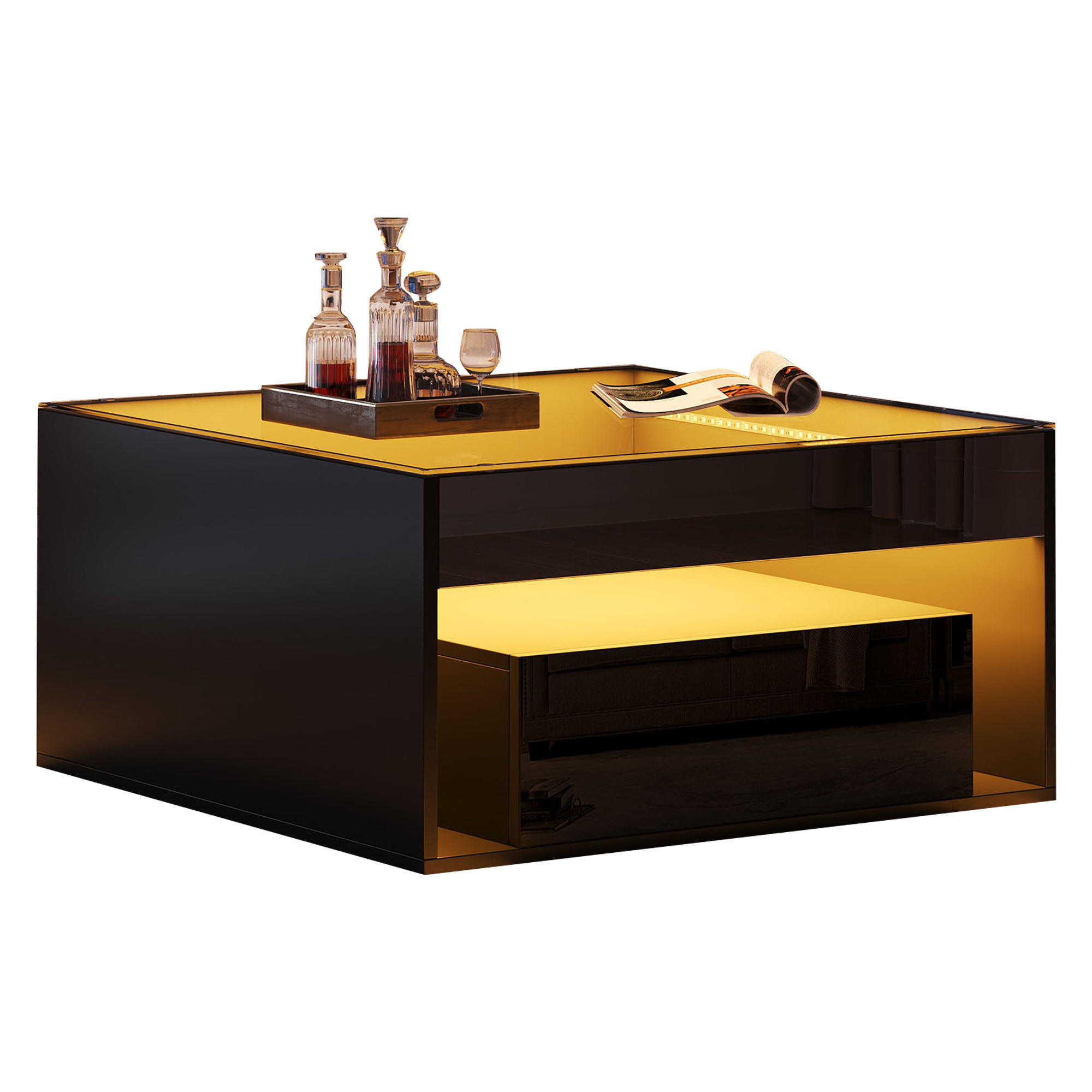 COUCHTISCH in Schwarz Kaffeetisch mit 2 Schubladen, LED & gehärtetem Glas, Hochglanz, für Wohnzimmer, B70/T70/H35cm - Schwarz, Glas/Holzwerkstoff (70/70/35cm) - STILVORA
