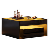 COUCHTISCH in Schwarz Kaffeetisch mit 2 Schubladen, LED & gehärtetem Glas, Hochglanz, für Wohnzimmer, B70/T70/H35cm - Schwarz, Glas/Holzwerkstoff (70/70/35cm) - STILVORA