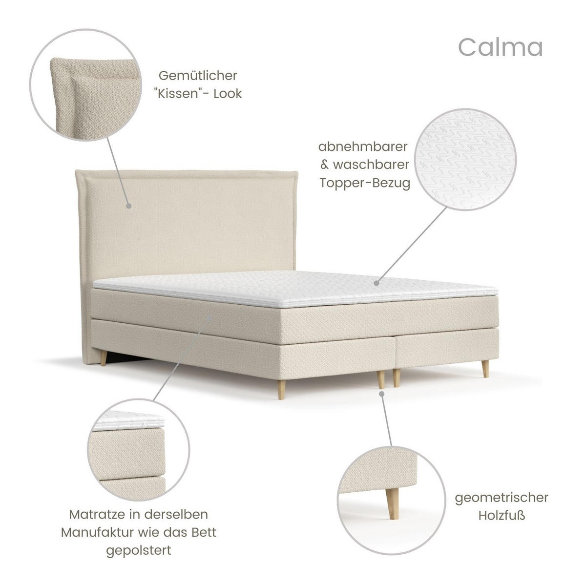 KONTINENTALBETT Calma Beige 120/200 cm mit Matratze und Topper - Beige/Naturfarben, Holz/Holzwerkstoff (120/200cm) - Maison de Reve