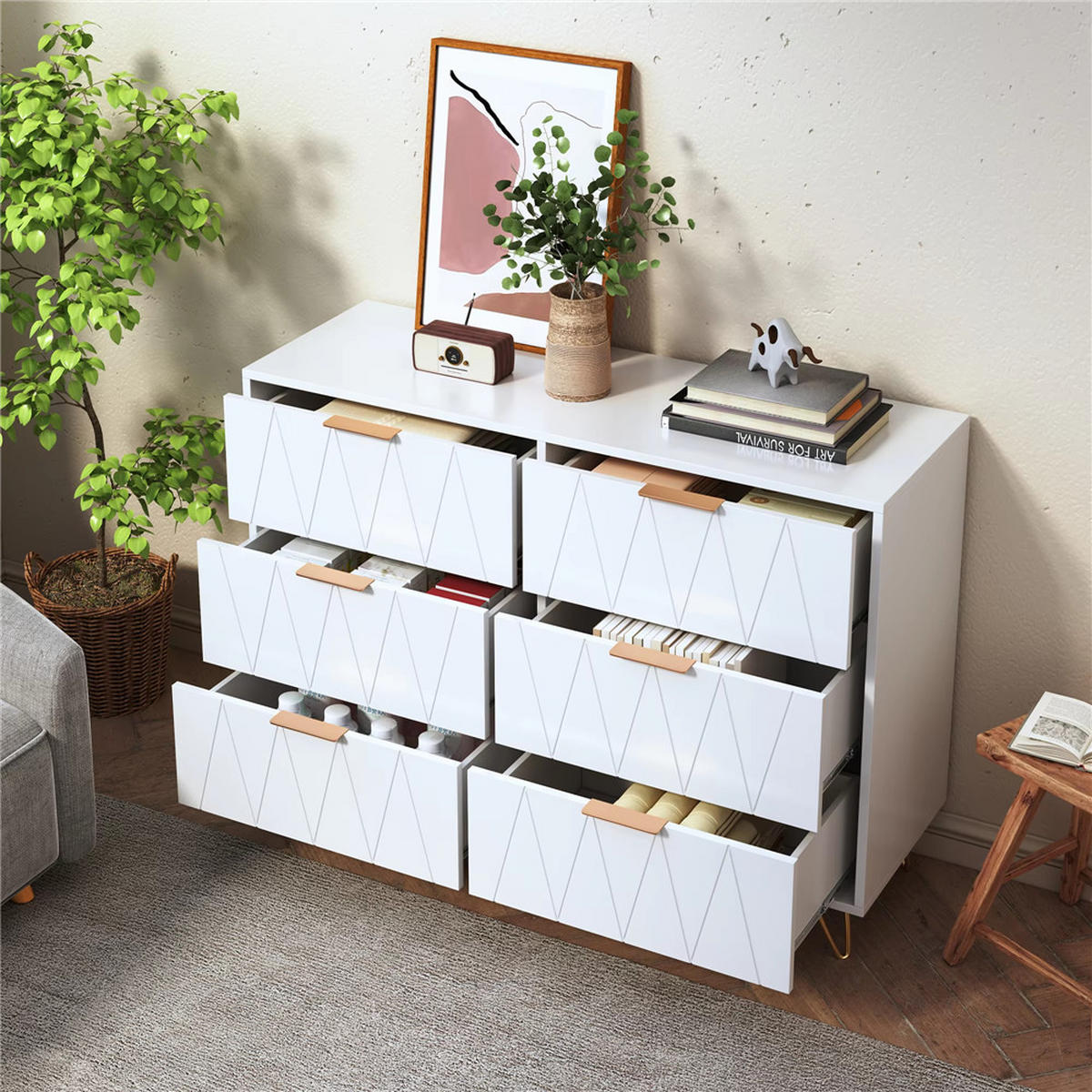 KOMMODE 6 Schubladen MDF + Metall 100x72,5x34 cm - Weiß, Holz (100/72.5/34cm) - Kaket