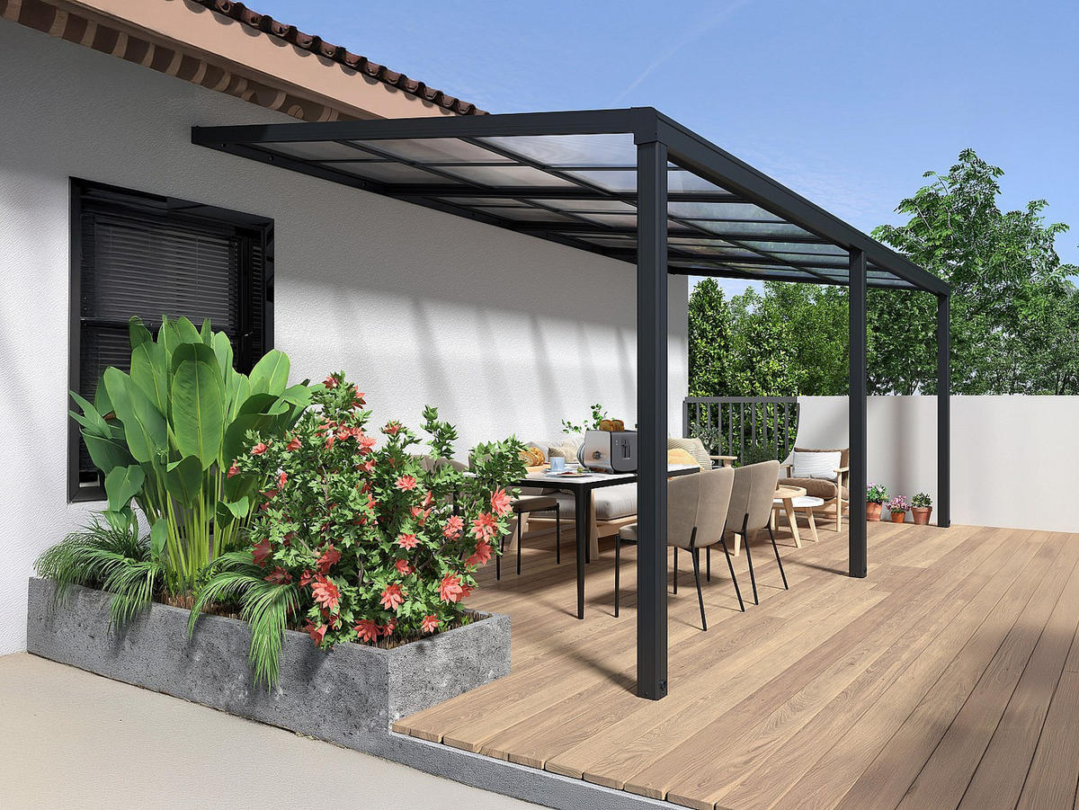 ANLEHNENDE Pergola - 588cm x 300cm - Polycarbonat - anthrazitgrau - IZEDA - Anthrazit, Kunststoff (588/200/300cm) - Vente-Unique