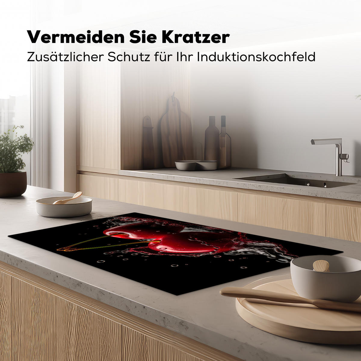 HERDABDECKPLATTE Kirsche - Rot - Frucht - Wasser - Schwarz 89x51 cm - Kirschrot, Kunststoff (89.6/51.6/0.2cm) - MuchoWow