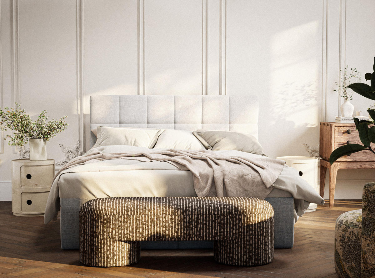 BOXBETT 180/200 cm Gotu M, in Hellbeige, Matratze, gepolstertes Kopfteil, Bettkasten, H3 = fest - Beige/Schwarz, Holz/Holzwerkstoff (180/200cm) - Maison de Reve