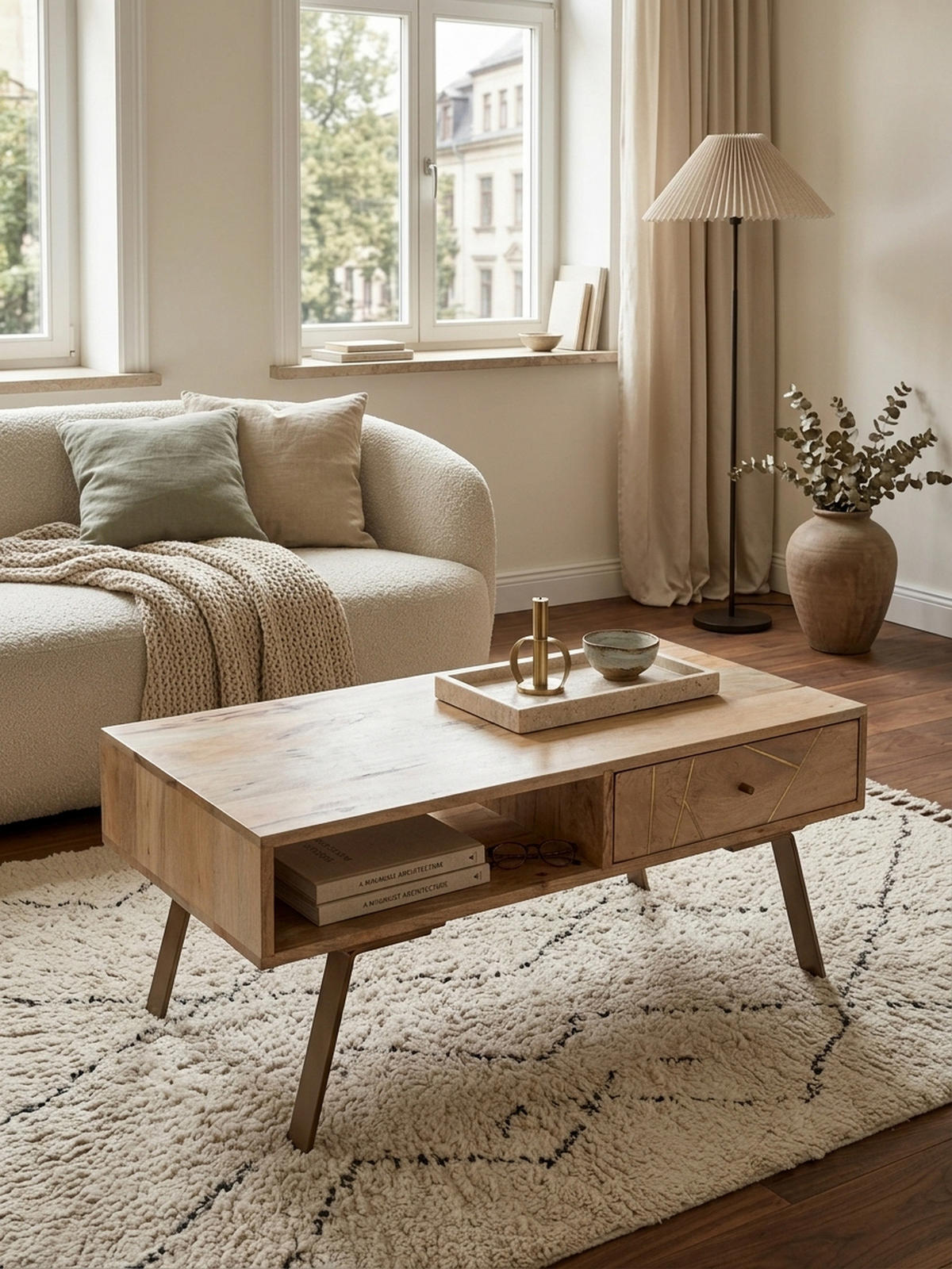 COUCHTISCH in Rustikalem Landhausstil, Massives Mangoholz und Metall, Maße 95x42x50 cm - Beige/Braun, Holz/Metall (50/95/42cm) - KADIMA DESIGN