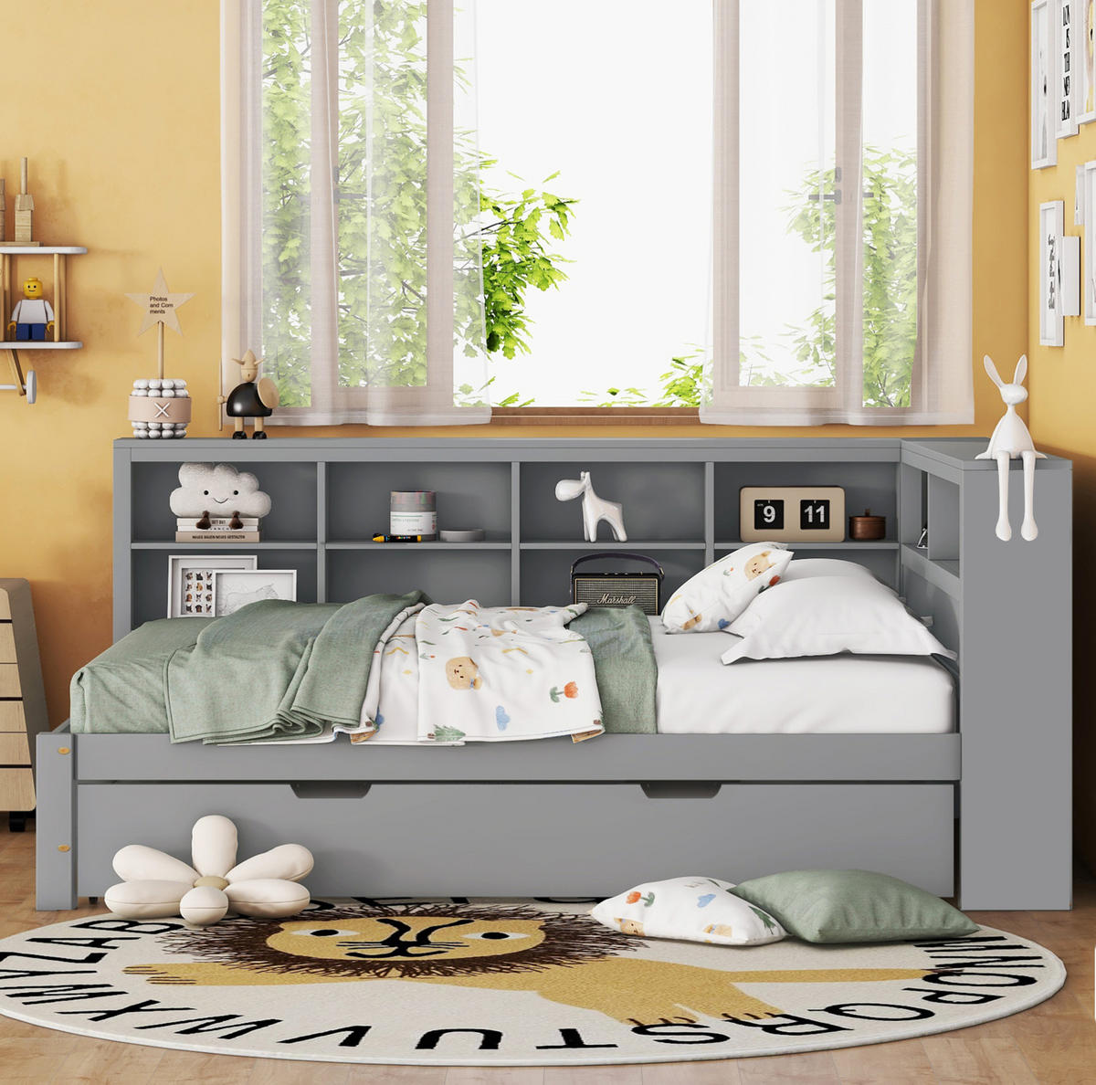 SCHLAFSOFA aus Kiefernholz 140x200 cm Grau mit Ausziehbett, USB-Steckdose und Stauraum - Grau, Holzwerkstoff (140/200cm) - IVMEU