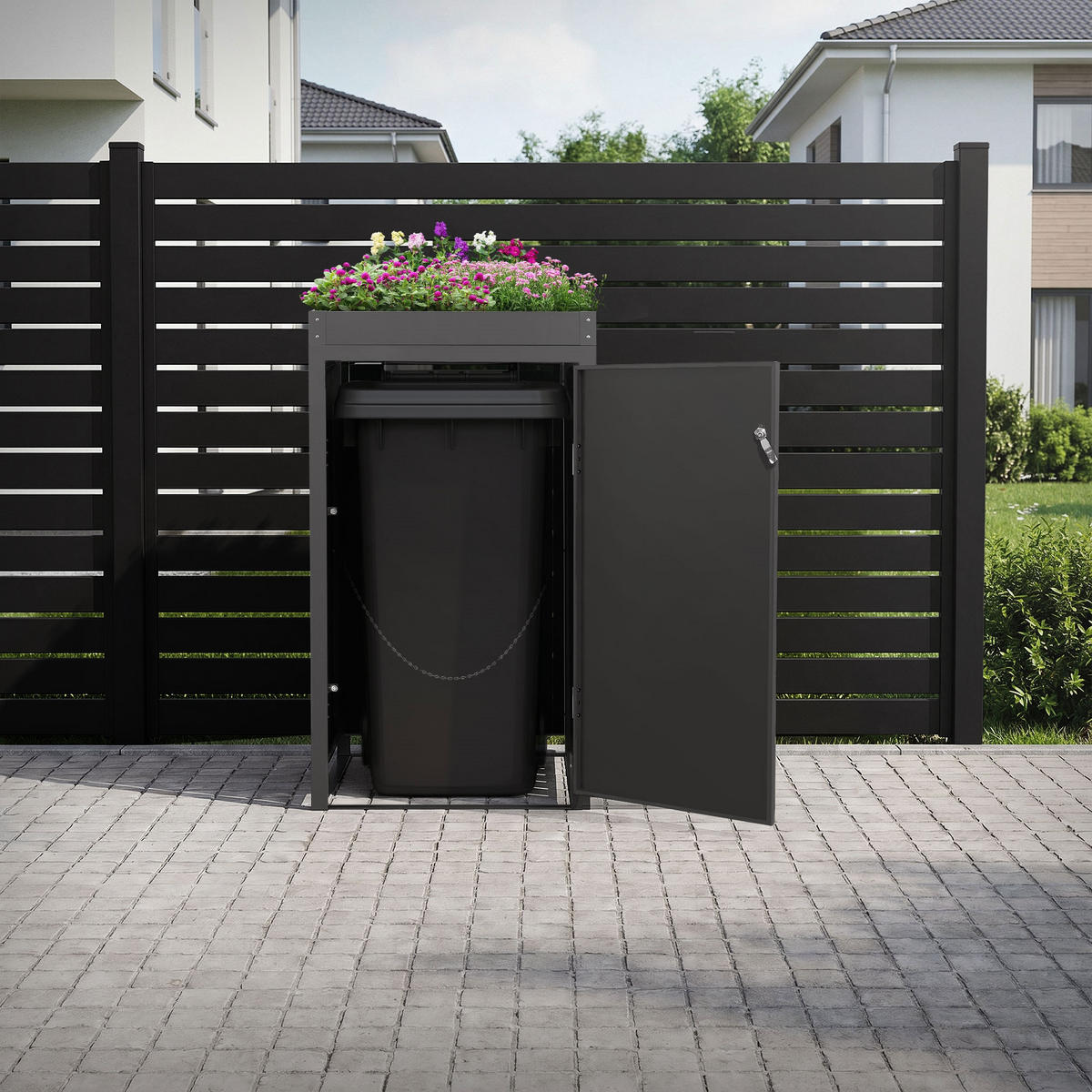 MÜLLTONNENBOX 1er mit Pflanzdach Anthrazit-Eichenoptik - Braun, Metall (68/124/80cm) - ML-DESIGN