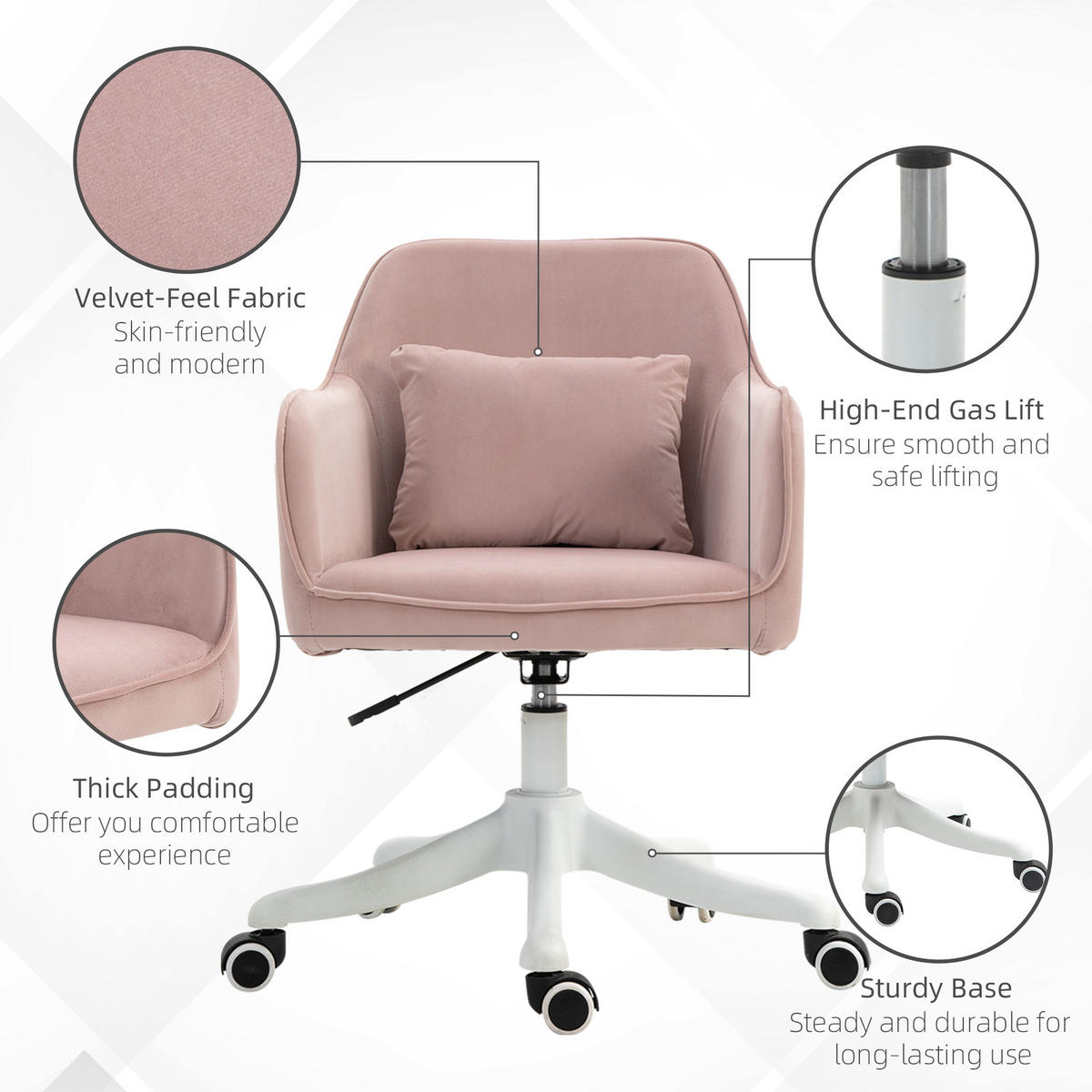 MASSAGE Bürostuhl Drehstuhl Arbeitstuhl mit Vibrationsfunktion Samt Rosa - Rosa, Textil (70/86/57cm) - Vinsetto