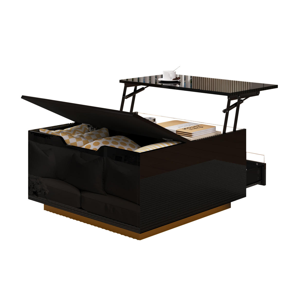 COUCHTISCH DE-107 LiftLED Hochglanz Schwarz - Schwarz, Holzwerkstoff (70/70/38cm) - ComfortXL