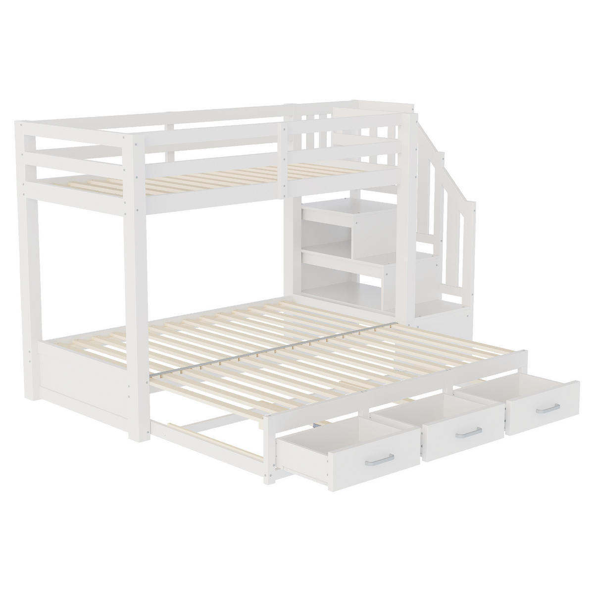 PATROVÁ postel 90/200 cm bílá z borovice a MDF s výsuvným lůžkem a úložnými schody - bílá, kompozitní dřevo (90/200cm) - OKWISH