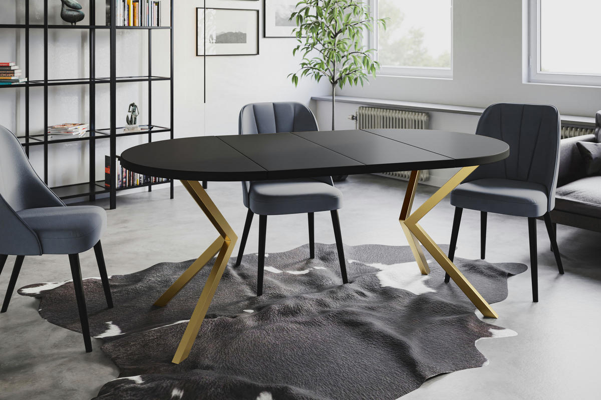 ESSZIMMERTISCH LOFT LITEN, ausziehbarer Tisch 90 cm/170 cm, Farbe: Schwarz, mit Metallbeinen in Farbe Gold - Goldfarben/Schwarz, Holzwerkstoff (90/90/76cm) - Alpi-Möbel