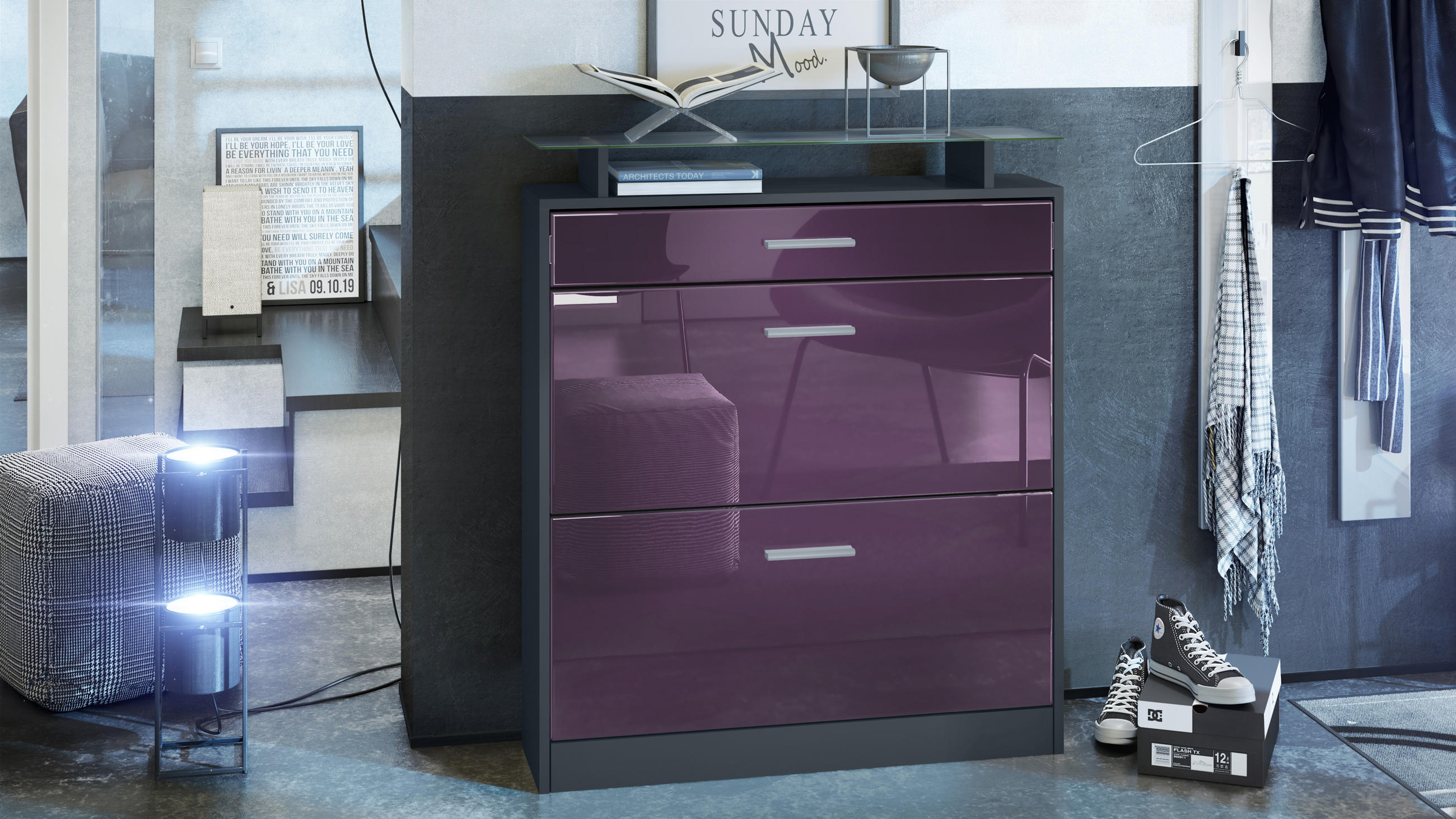 SCHUHSCHRANK Loret Fronten in Brombeer Hochglanz - Brombeere, Holzwerkstoff (89/104/23cm) - Vladon