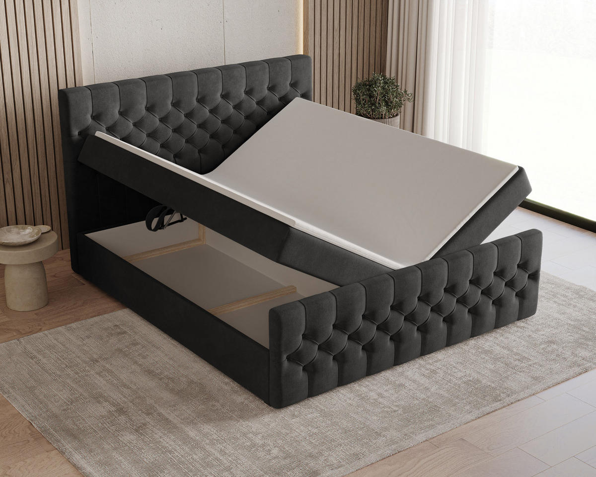 BOXBETT 12 140 x 200 cm - Manila - Modernes Polsterbett mit Bettkasten inkl. PU-Schaum-Topper und Federmechanismus - Schwarz, Holz (140/200cm) - ROYAL24_MARKT