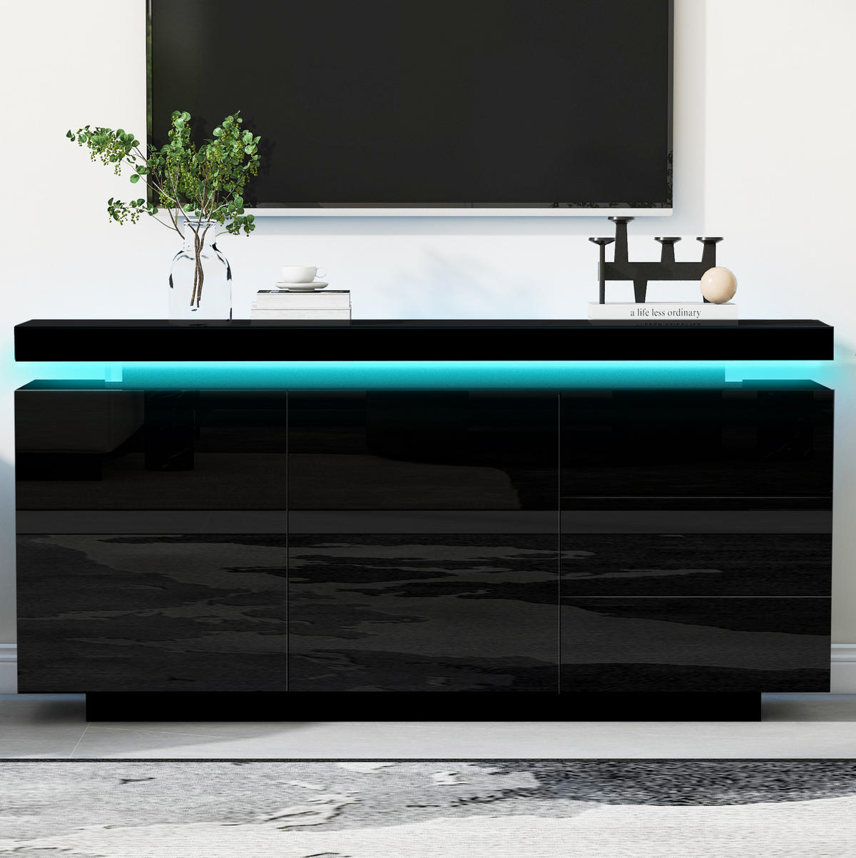 SIDEBOARD mit LED 140 x 35 x 72,5 cm Schwarz 2 Türen 3 Schubladen - Schwarz, Holzwerkstoff (140/72/38cm) - Meubliv