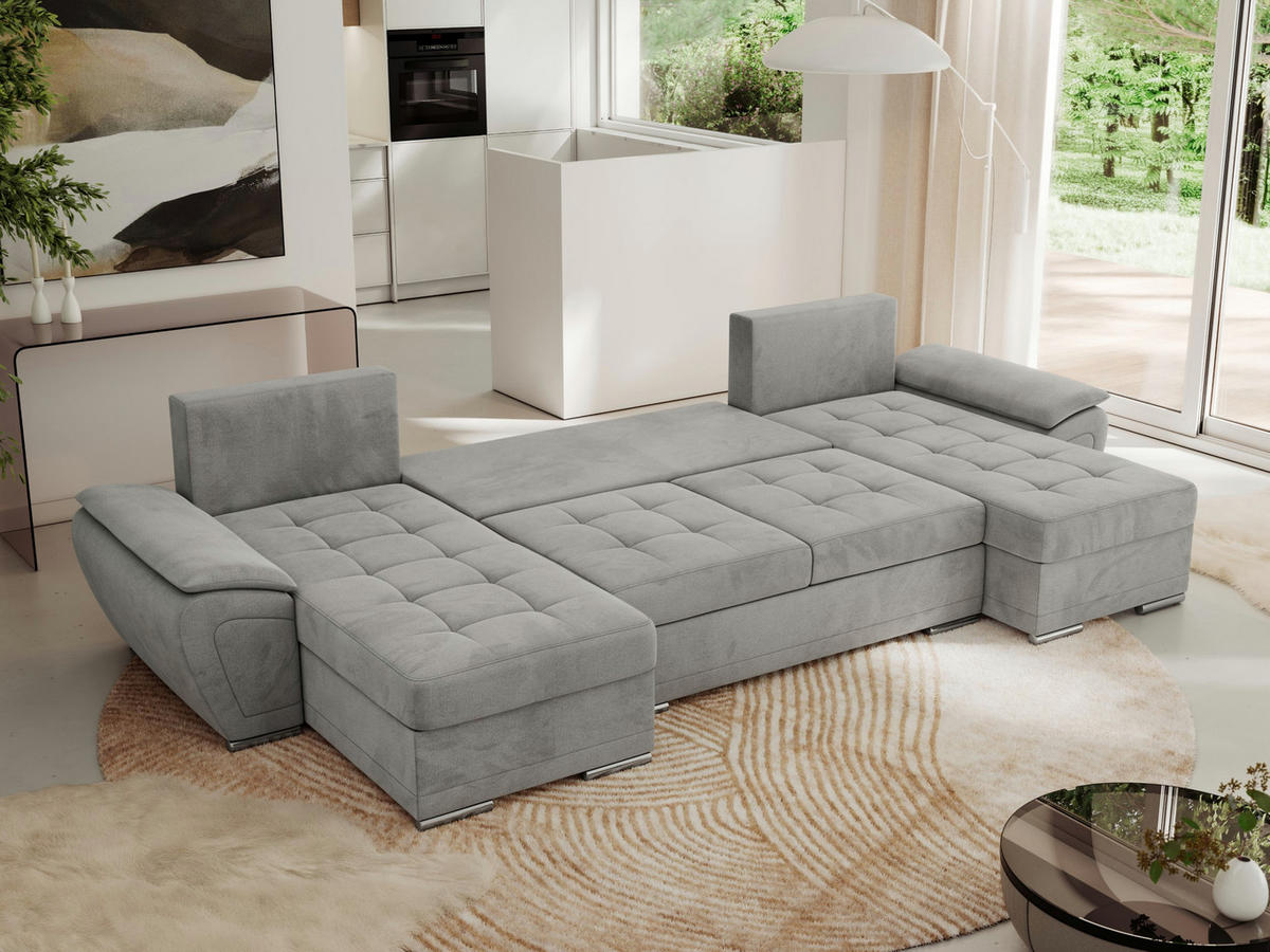 WOHNLANDSCHAFT UMBRIA U Hellgrau Velvet - Hellgrau/Grau, Textil/Metall (336/85/157cm) - MKS