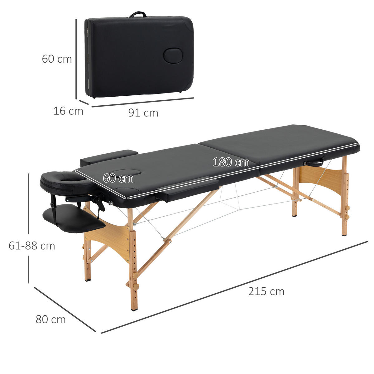 MASSAGETISCH, Kunstleder, Holz, Schwarz - Schwarz, Leder (60/88/182cm) - HOMCOM