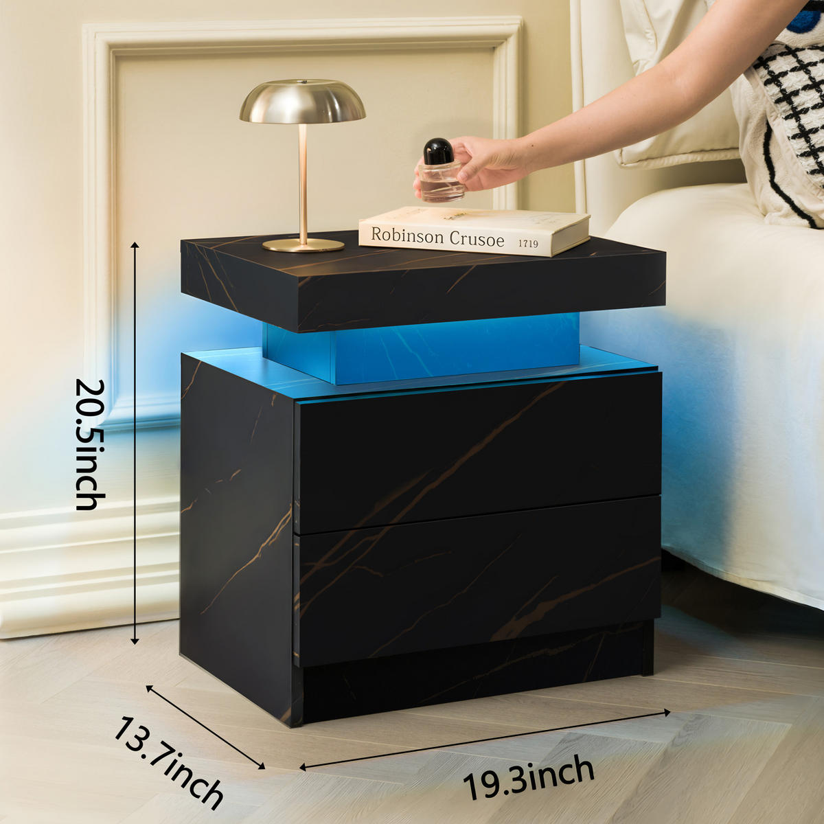 NACHTTISCH 50/53/36 cm cmschwarz/gold aus Holzwerkstoff mit LED-Beleuchtung und 2 Schubladen - Schwarz, Holzwerkstoff (53/36/50cm) - OKWISH