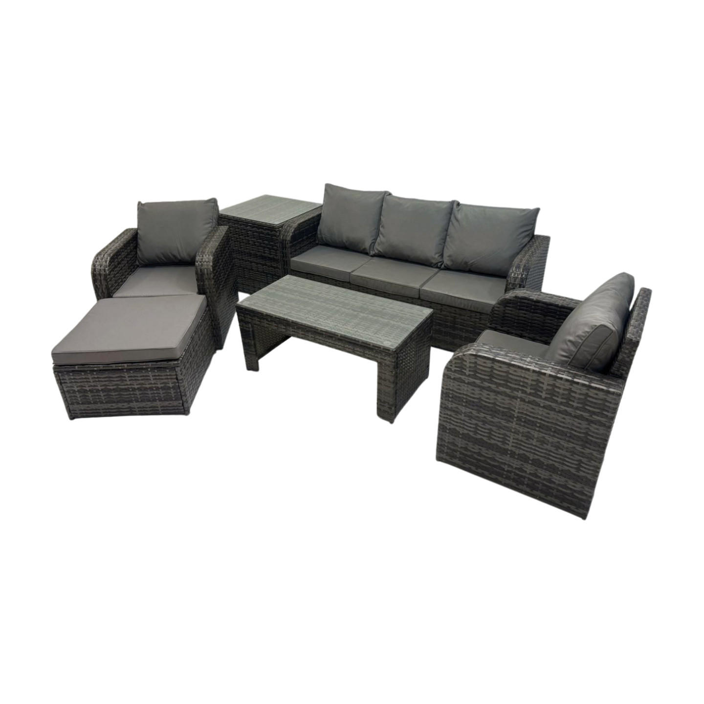 GARTENSOFA SET mit LIEGESTUHL Polyrattan 6-Sitzer Dunkelgrau - Dunkelgrau/Grau, Glas/Kunststoff - Fimous