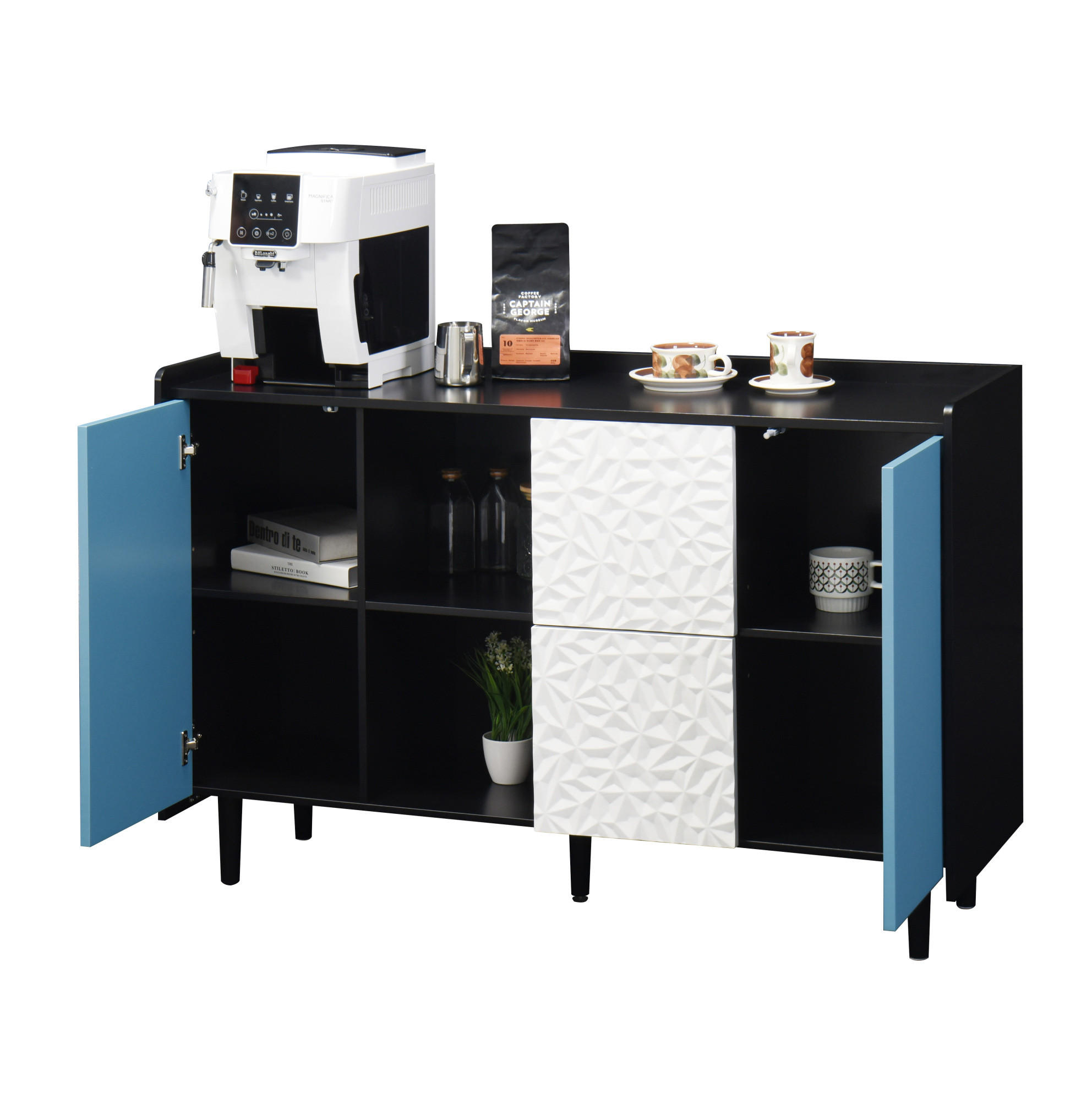 SIDEBOARD 120/40/80 cm aus MDF mit 2 Schubladen und offenen Fächern Schwarz/Blau - Schwarz, Holzwerkstoff (120/80/40cm) - Modenvie