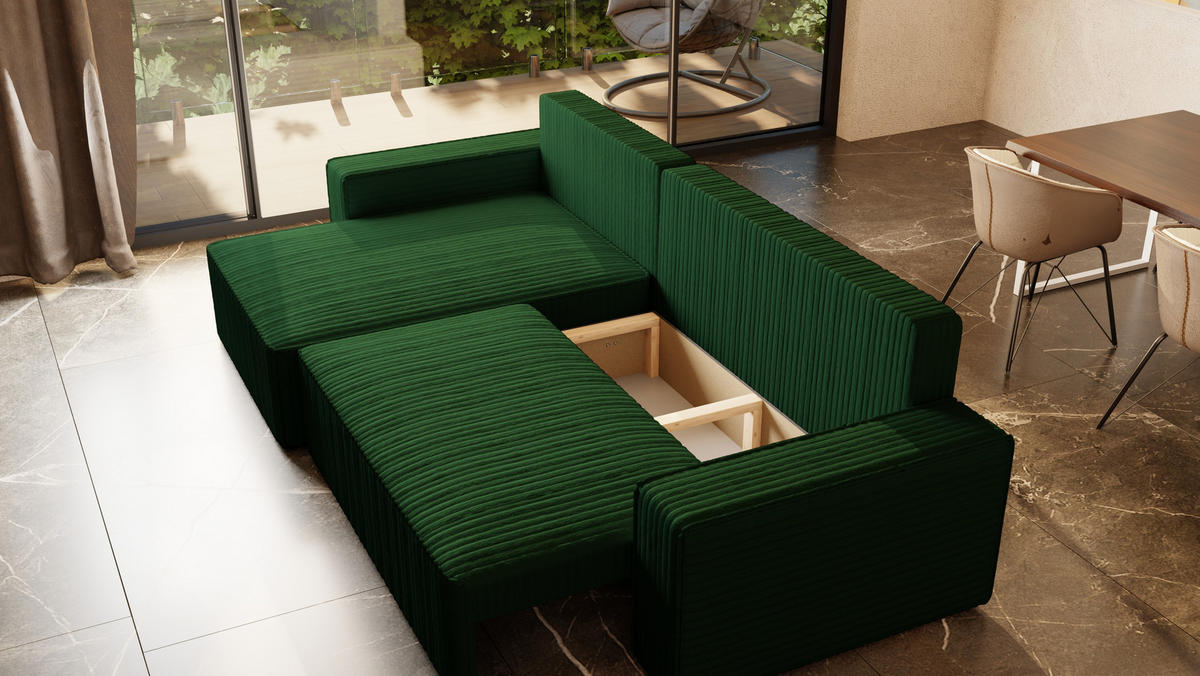 ECKSOFA Tobi mit Bettkasten und Schlaffunktion, L-Form/XL-Form, Cordstoff, Universal - Waldgrün, Holzwerkstoff (276/145cm) - 4ALL HOME