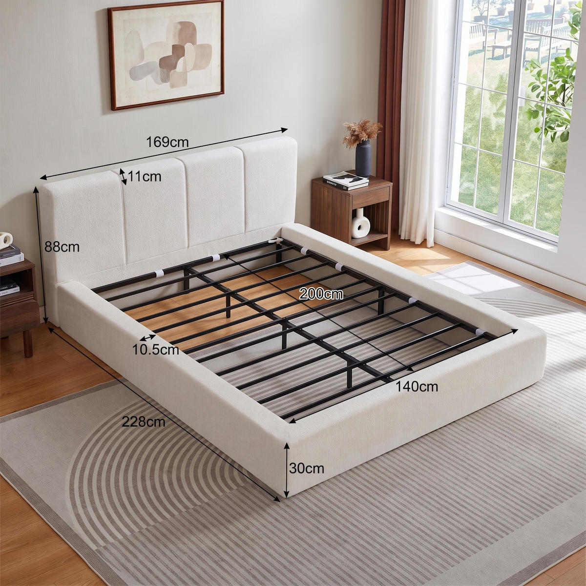 POLSTERBETT 140x200 cm mit gepolstertem Kopfteil - Lattenrost - ohne Matratze - Cremeweiß - Creme, Textil (140/200cm) - DELFA