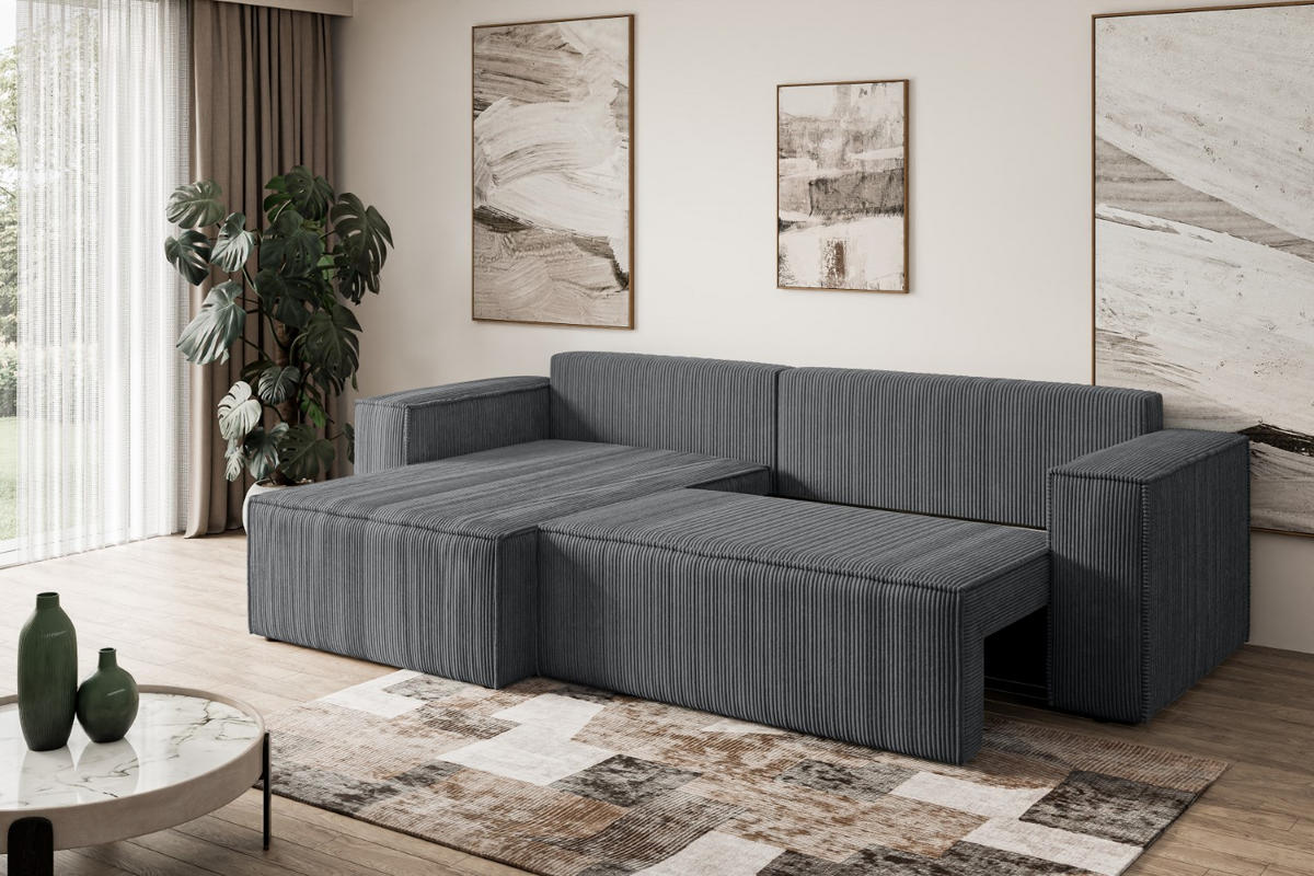 ECKSOFA mit Schlaffunktion und Bettkasten CELTIC-XL - 277x143x83 cm Dunkelgrau Cord - Dunkelgrau/Schwarz, Holzwerkstoff/Kunststoff (277/143cm) - ALTDECOR