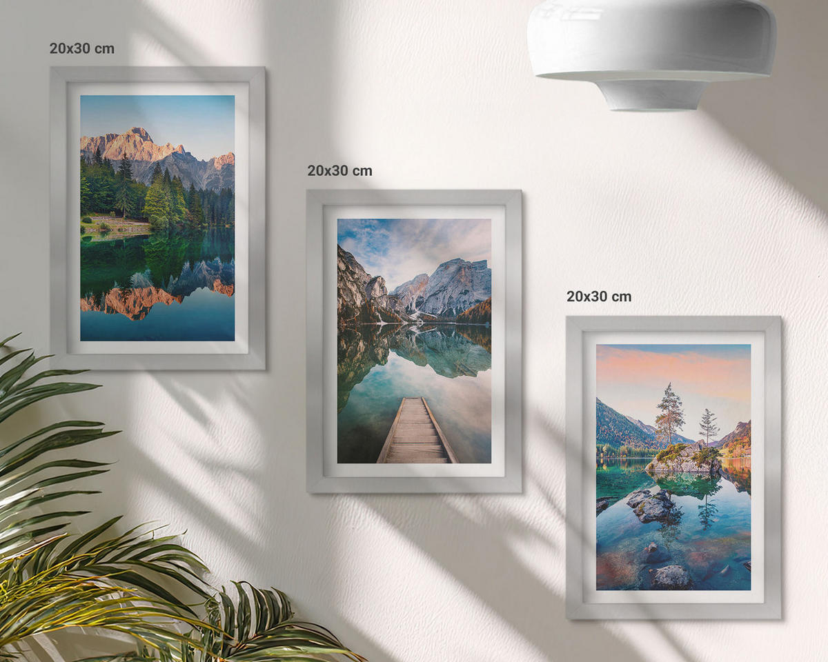 BILDER SET 3er Set - 20x30 cm Silberner Rahmen - Spiegelung des Waldes in Bergseen - Silberfarben, Kunststoff (20/30cm) - TULUP