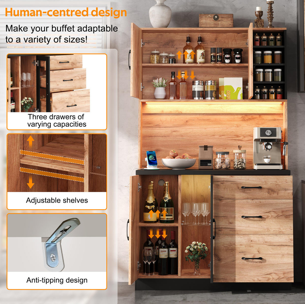 BIFE omara iz MDF v videzu lesa in črni barvi z LED-osvetlitvijo - naravne barve, leseni material (40/180/105cm) - OKMYHOME