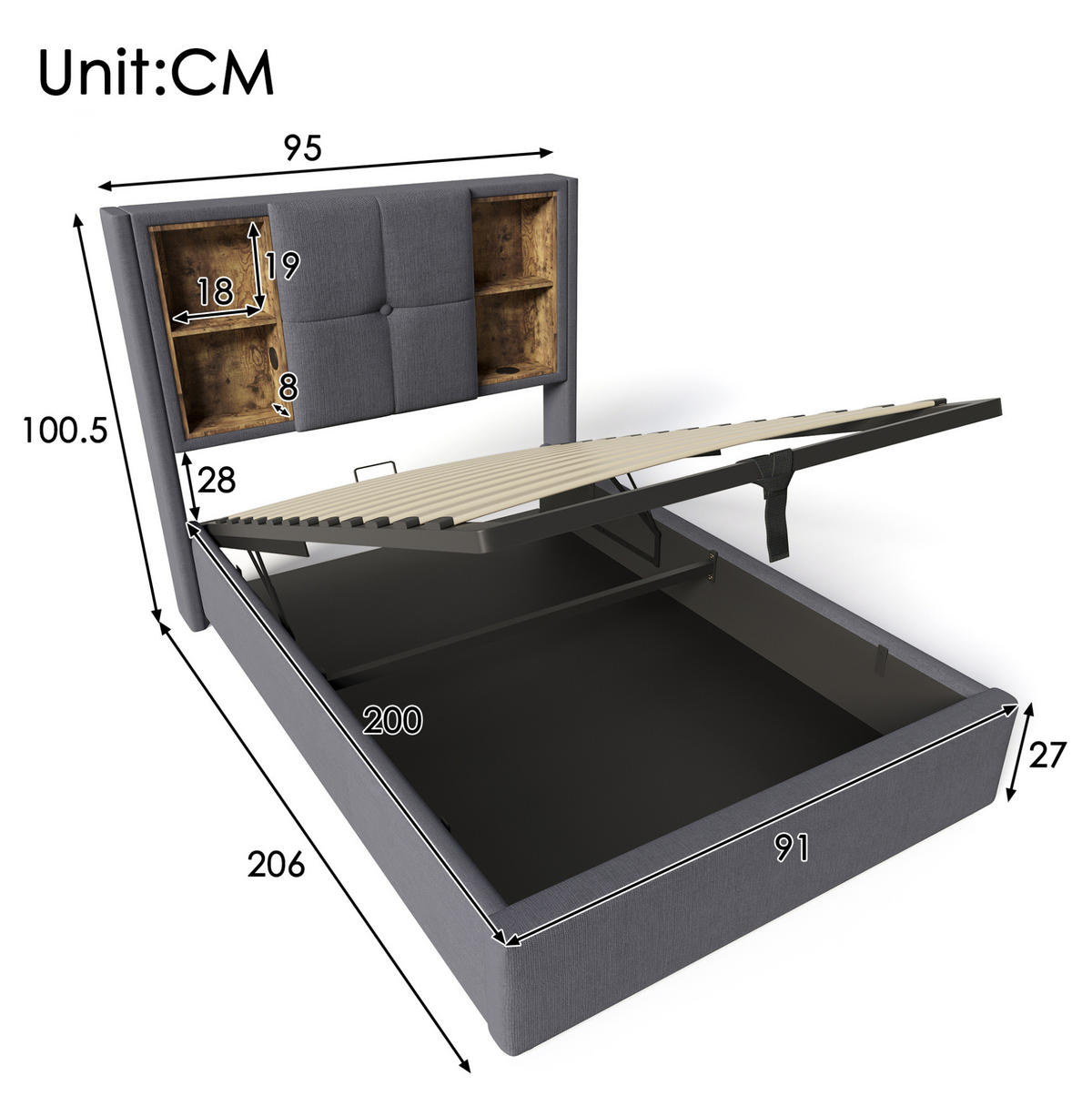POLSTERBETT 90/200 cm Grau aus Baumwolle mit kabellosem Laden und Stauraum - Grau, Textil (90/200cm) - OKMYHOME