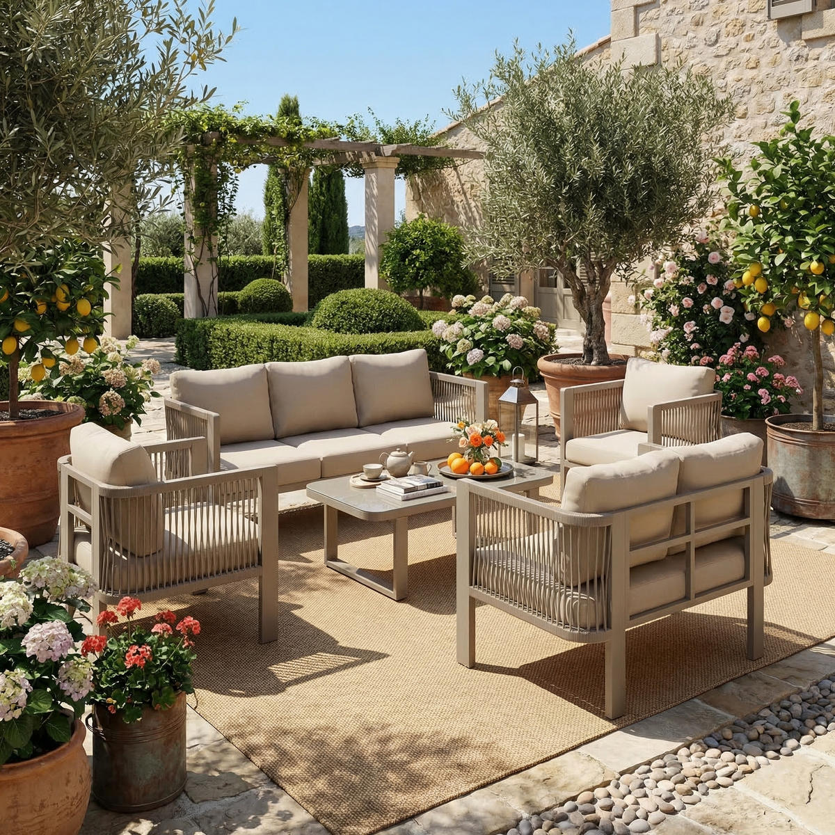 GARTENMÖBEL-SET 5-teilig Teslin 3-Sitzer 2-Sitzer Khaki - Hellbraun, Textil - FLIEKS