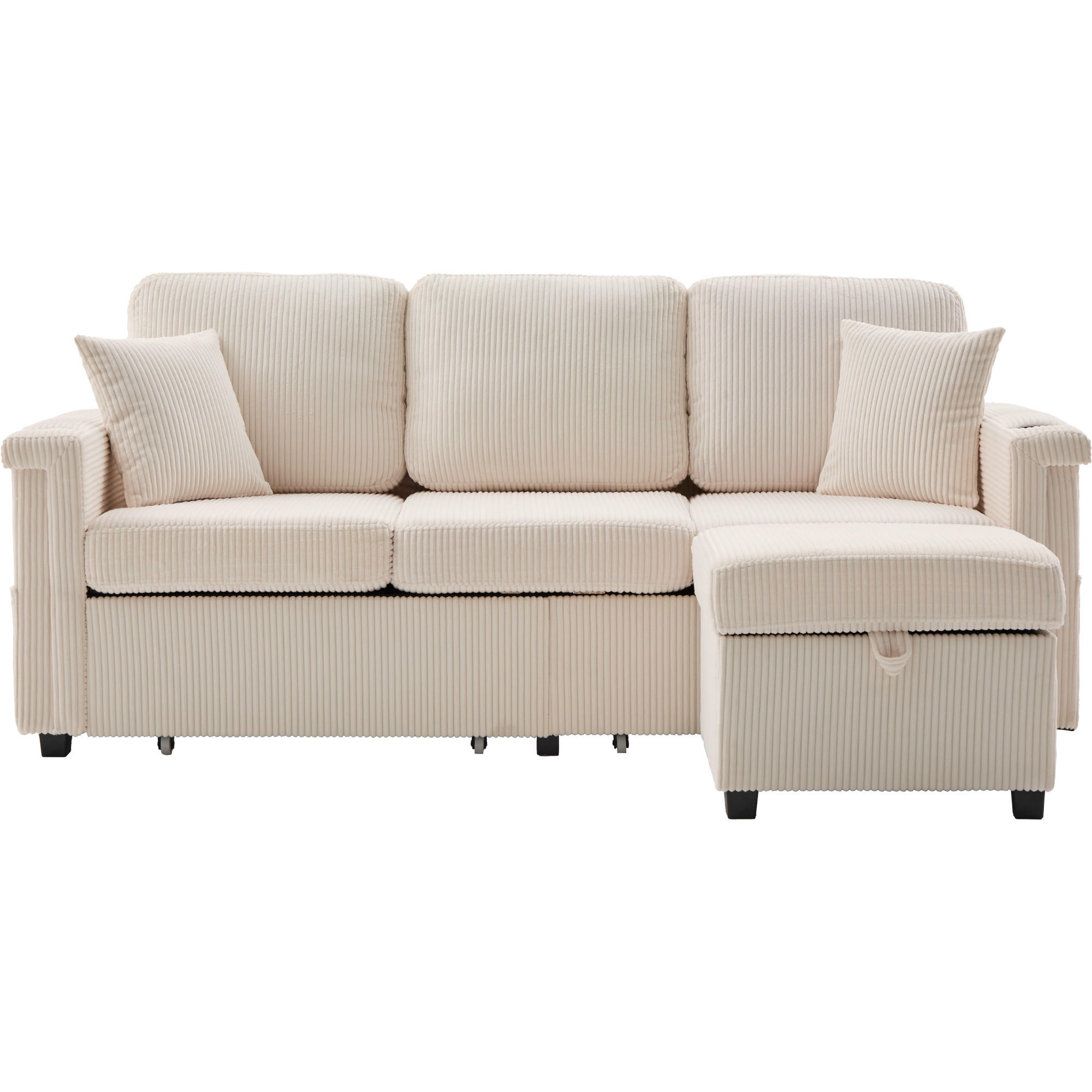 ECKSOFA 194/73/81 cm Beige mit LED-Beleuchtung, Stauraum-Fußteil, 2 Schubladen, Getränkehaltern und Seitentaschen - Beige, Textil (194/73cm) - Oxeza