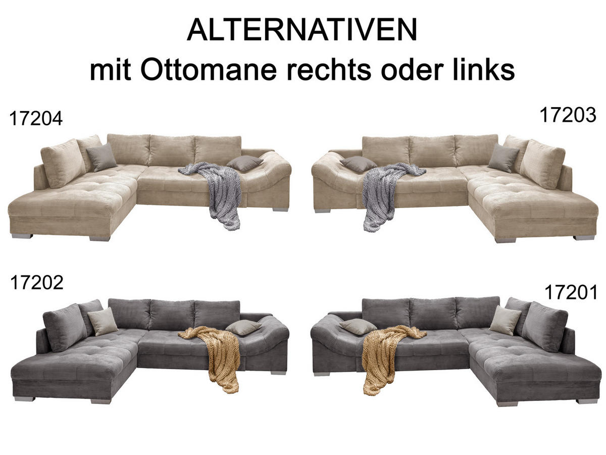 ECKSOFA mit Schlaffunktion, Wellenunterfederung, Ottomane links B298/T202/H84 cm, Liegefl. 154x227 cm, Cord Grau / 17202 - Beige/Silberfarben, Holz/Textil (298/202cm) - luma-home