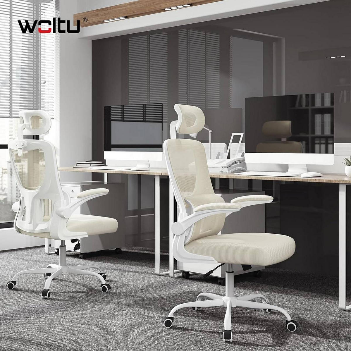 BÜROSTUHL ergonomisch, Netzstoff, Beige - Beige, Kunststoff/Textil (62/116/69.5cm) - Woltu