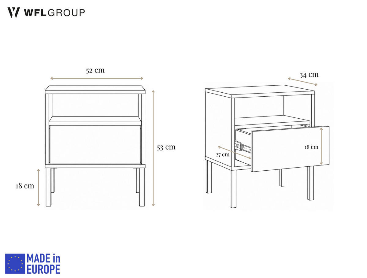 NACHTTISCH Nebra mit Schublade und Ablage, auf Hohen Schwarzen Metallfüßen – Kaschmir 40/53/34 cm - Kaschmir/Beige, Holzwerkstoff/Metall (40/53/34cm) - WFL GROUP