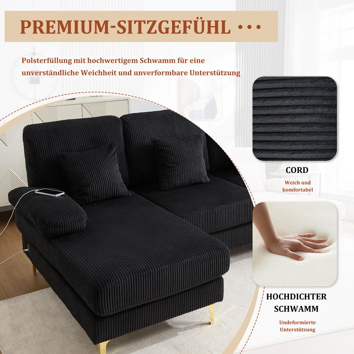 WOHNLANDSCHAFT 265/135/88 cm in Schwarz aus Samt mit LED-Beleuchtung und USB-Anschluss - Schwarz, Textil (135/88/265cm) - Flora Grace