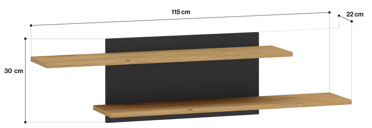 WANDREGAL Modesto Eiche Style hell / Schwarz 115 / 22 / 30 cm - Hellbraun/Schwarz, Holz/Holzwerkstoff (115/30/22cm) - Feldmann-Wohnen